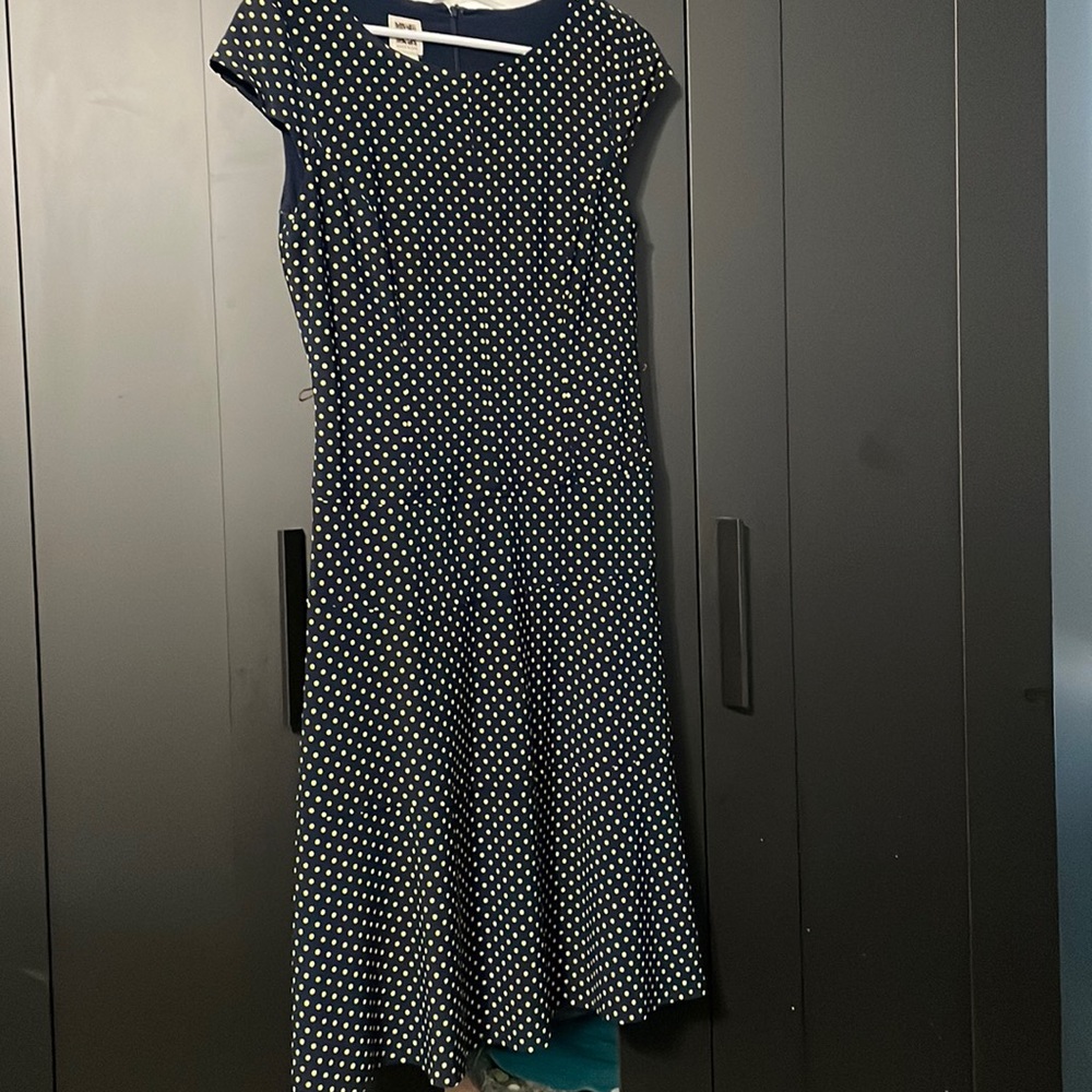 Anne Klein navy and yellow polka dot dress